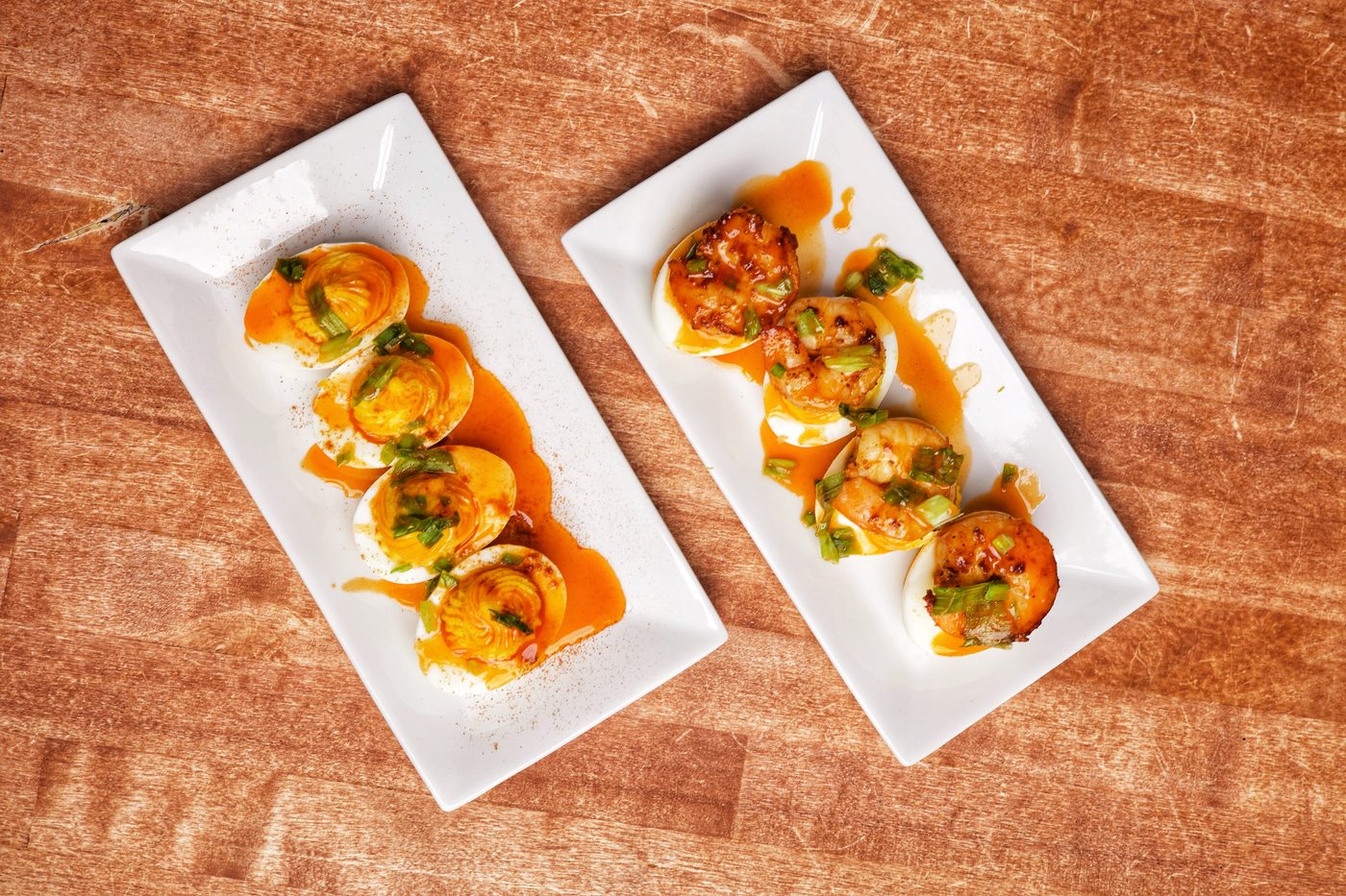 Cajun shrimp deviled eggs with hot-honey drizzle