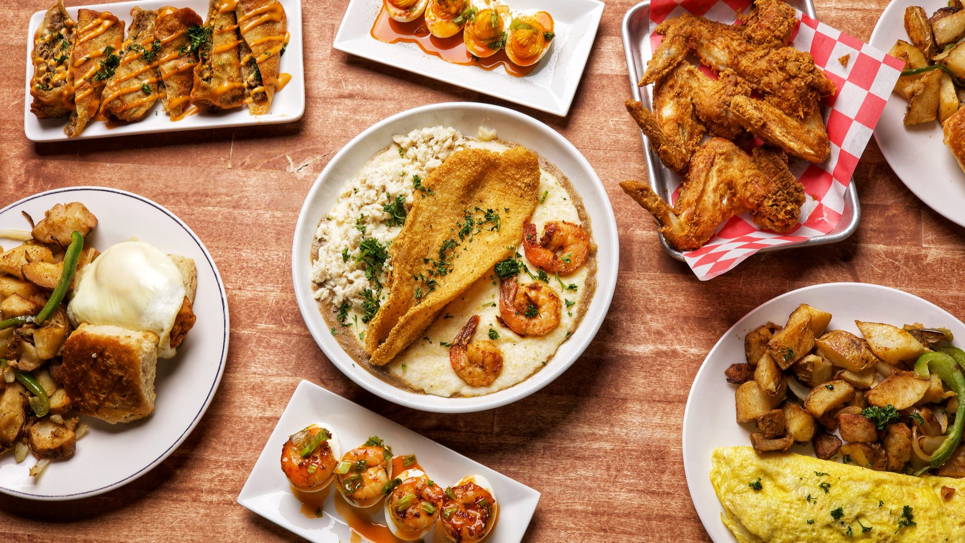 A full Sunrise Social brunch spread — made for sharing